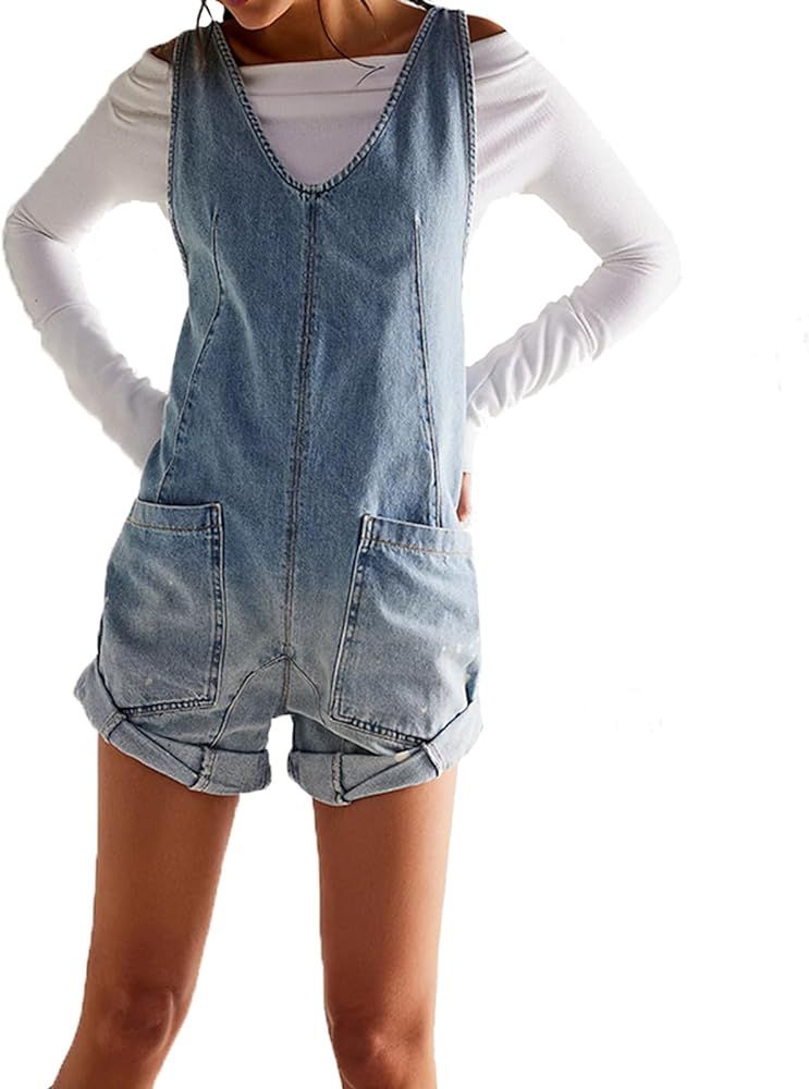 Women's Summer Vintage Sleeveless Shorts Denim Jumpsuit Rompers with Pocket Adjustable Strap | Amazon (US)