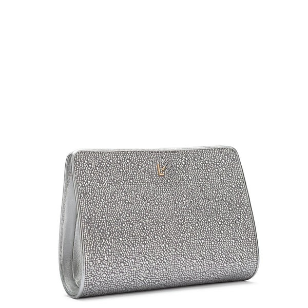 Erin Clutch In Light Gray Vegan Suede and Crystals | Larroude