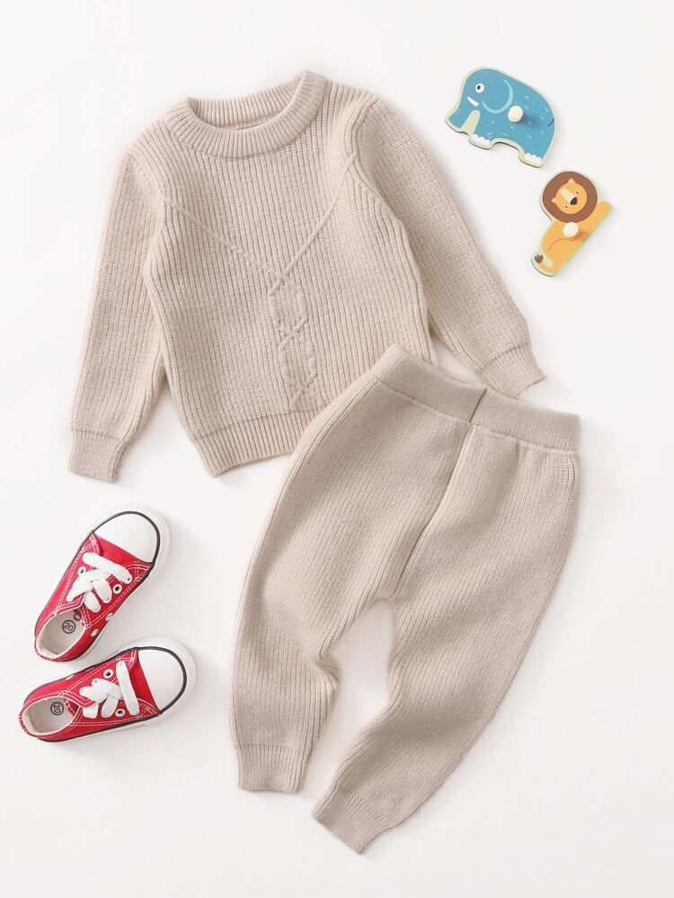 Baby Cable Textured Round Neck Sweater & Ribbed Knit Pants | SHEIN