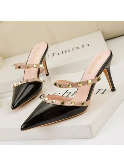 Women Heeled Sandals with Studs Pointed Toe Ankle Strap Studded Heels Kitten Pointy Slip on Mule ... | SHEIN