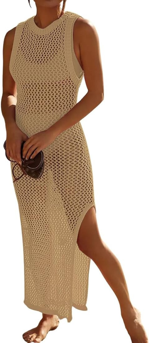 Bsubseach Crochet Swim Coverup Sleeveless Knitted Cover Up Dress | Amazon (US)