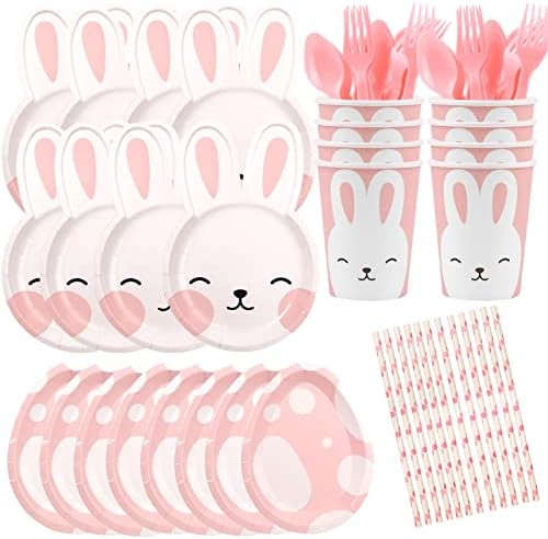 XIMISHOP Easter Party Supplies and Dinnerware Set，Paper Plates Cups and wooden straw for easter part | Amazon (US)
