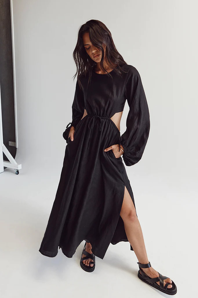 MOLLY BLACK LINEN MIDI DRESS | DISSH
