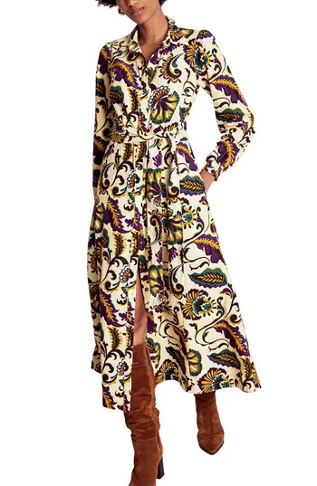 Boden Clara Print Tie Waist Long Sleeve Corduroy Midi Shirtdress in Multi Ornate Meadow Large at Nordstrom Rack, Size 4 | Nordstrom Rack