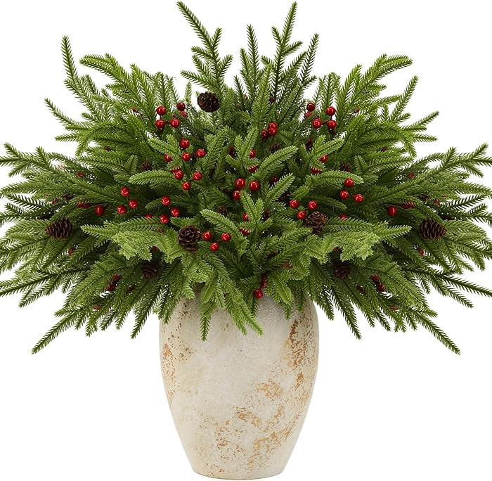joyhalo 12 Pcs Norfolk Pine Stems, 17" Artificial Christmas Pine Branches Faux Greenery Stem Real... | Amazon (US)