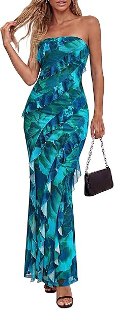 BTFBM Summer Dresses for Women 2026 Strapless Maxi Ruched Bodycon Floral Ruffle Cocktail Formal W... | Amazon (US)