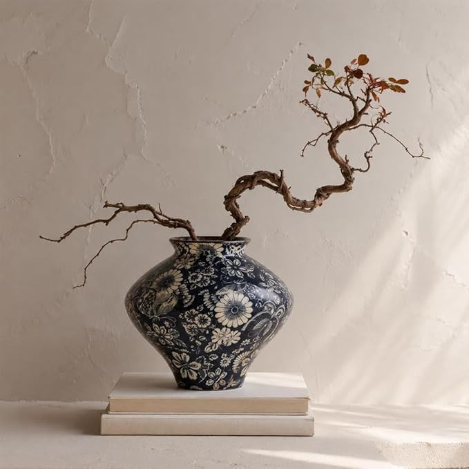 Wabi Sabi Vase, Small Navy Blue Botanical Ceramic Vase for Home Decor, Blue and White Decorative ... | Amazon (US)