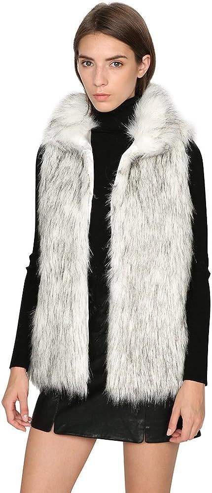 Dikoaina Fashion Womens V-Neck One Hook Short Faux Fur Vest Waistcoat White/Black Tip | Amazon (US)