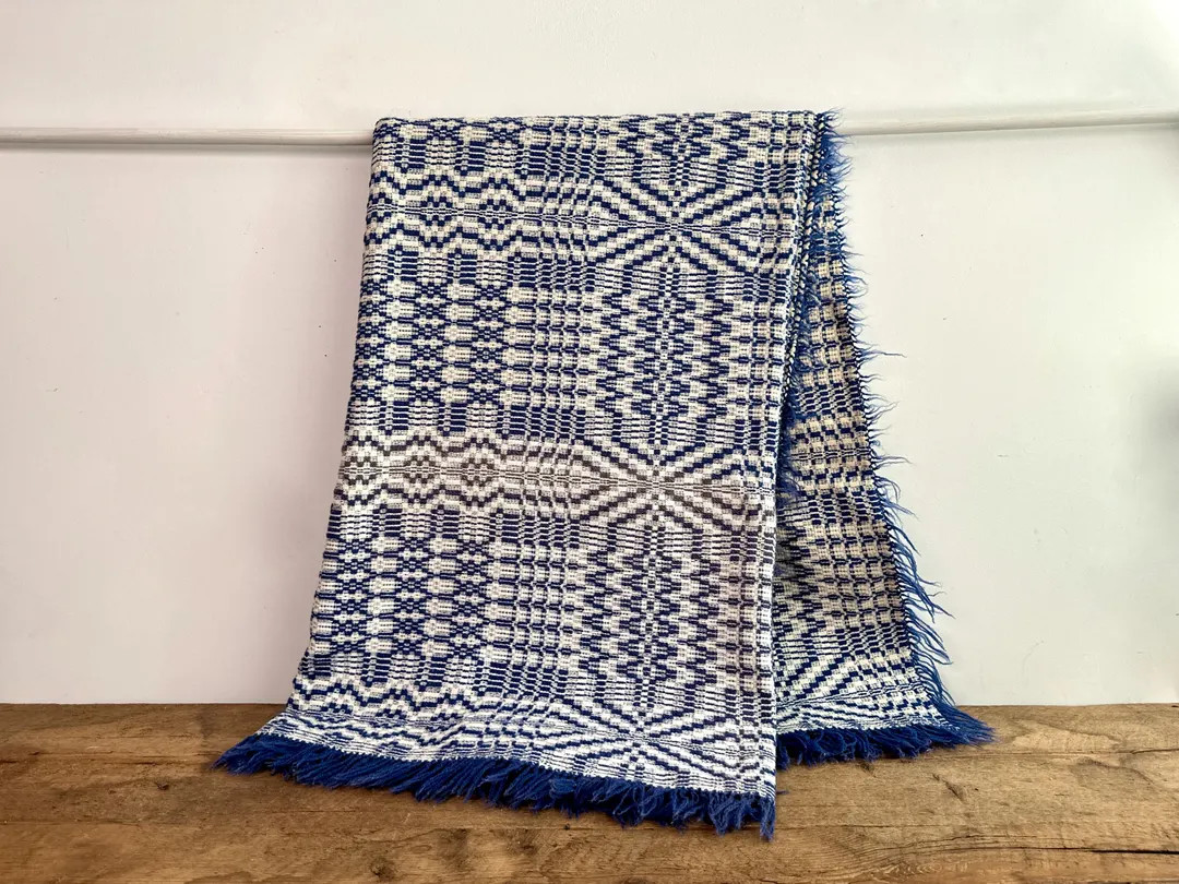 Antique Hand-woven Overshot Coverlet Blanket, Made of Blue/purple Wool and Beige Linen Thread, Fr... | Etsy (US)