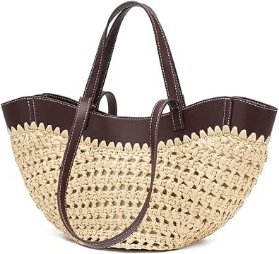 Straw Tote Bag for Women, Woven Summer Beach Bag with Leather Trim & Double Straps, Handmade Mesh... | Amazon (CA)