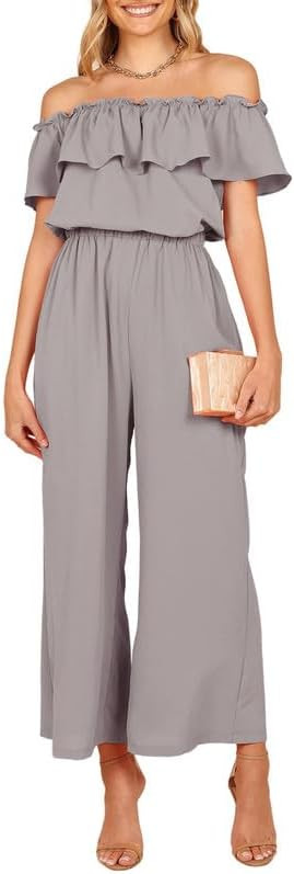 Dokotoo Women's Casual Off The Shoulder Short Ruffle Sleeves Jumpsuits Long Pant Rompers Jumpsuit... | Amazon (US)
