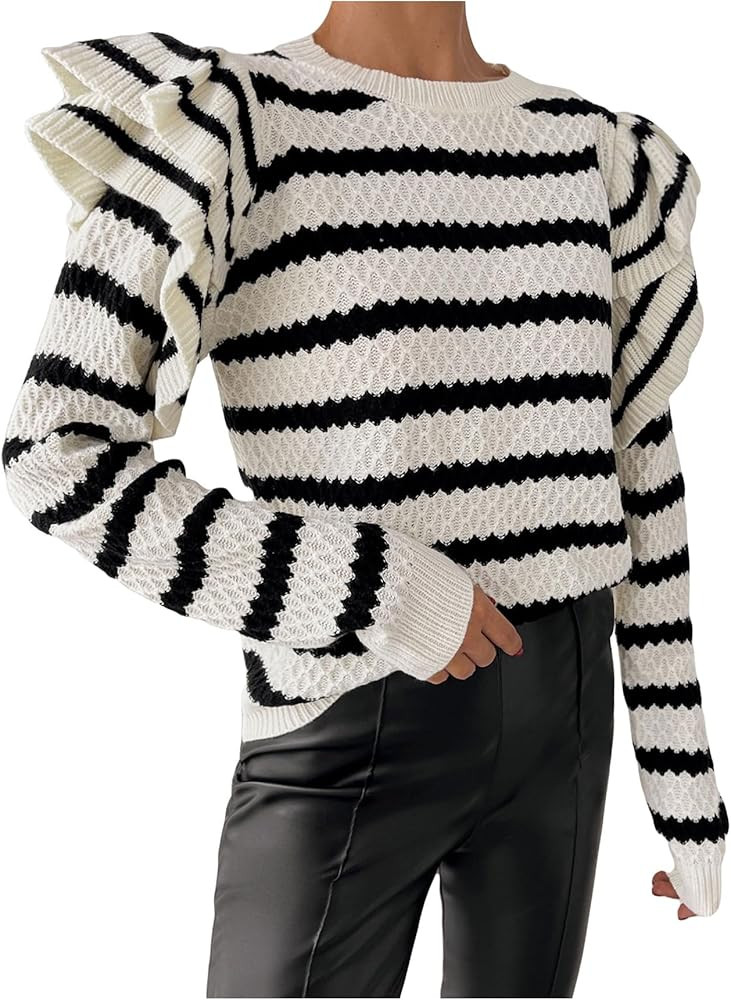 GORGLITTER Women's Striped Ruffle Long Sleeve Sweater Fall Winter Pullover Sweaters Cute Crewneck... | Amazon (US)