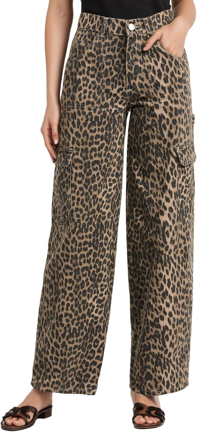 Kedera Womens Leopard Cargo Pants Straight Leg Cheetah Print Jeans Wide Leg Y2K Barrel Baggy Boyf... | Amazon (US)
