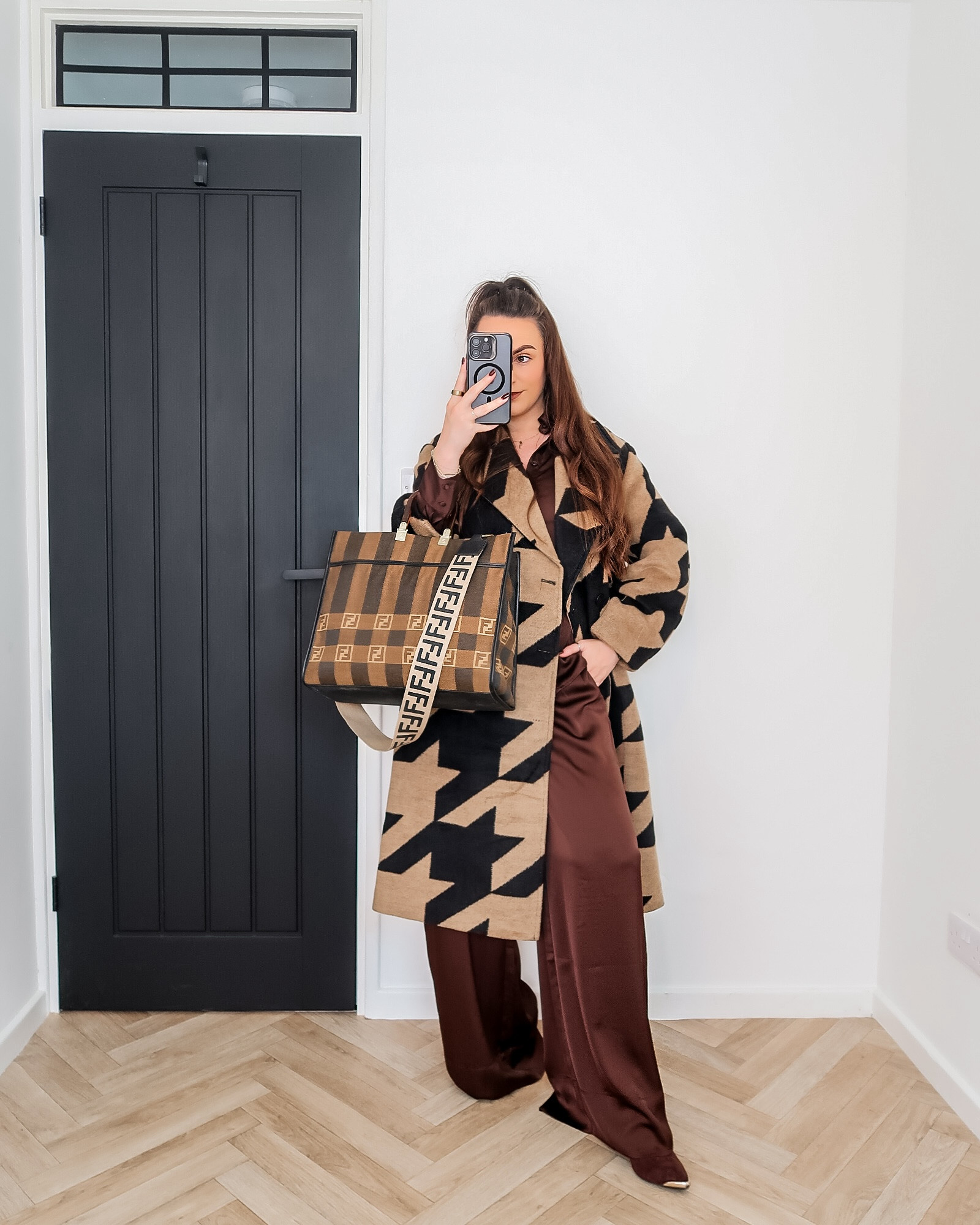 autumn outfit inspo, tonal dressing, houndstooth coat outfit, chocolate satin set, French Connection fashion, chic autumn style, fall fashion looks, neutral outfits, UK fashion influencer, autumn co-ord 

#LTKautumn #LTKuk #LTKeurope