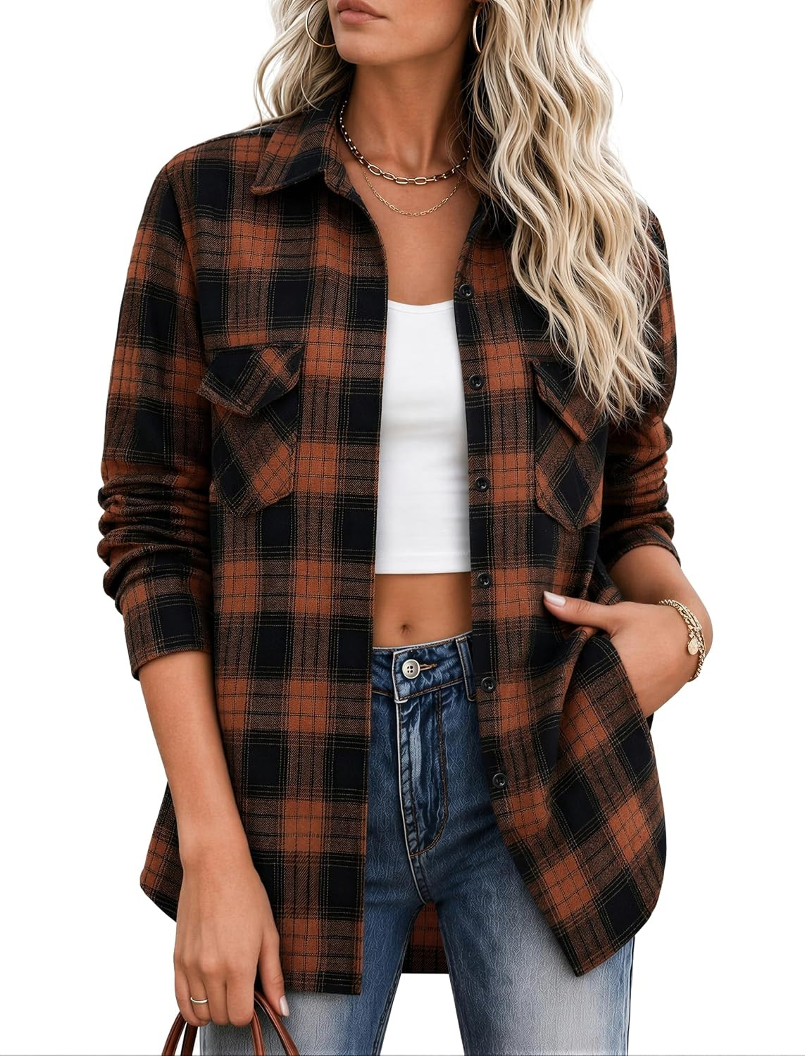 Zeagoo Flannel Shirt Women Plaid Button Down Shackets Long Sleeve Fall Tops | Amazon (US)