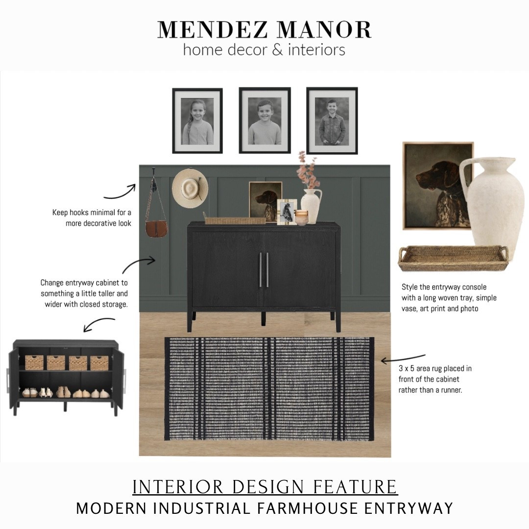 Small space entryway design. 🤗

Using a small black entryway cabinet with enclosed storage. Anything with closed storage is great for clearing clutter. 

Small 3 x 5 area rugs are often the perfect size for a small entryway. 👏🏻

Accent wall color is Benjamin Moore Millstone Gray. 👍🏻

#LTKStyleTip #LTKFindsUnder100 #LTKHome