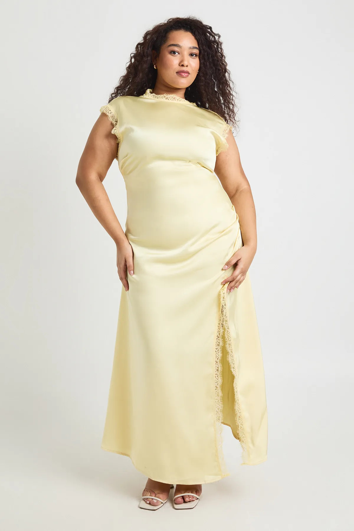 Lemon Plus Satin High Neck Maxi Dress with Lace Trim | Boohoo USA | boohoo (US & Canada)