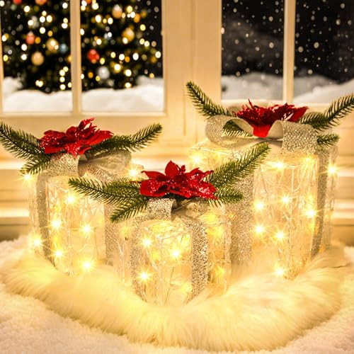 Succwoah Christmas Decorations, Set of 3 Christmas Lighted Gift Boxes, Decorative Acrylic Light Up Present Gift Boxes with Timer for Weddings Holiday Indoor Outdoor Xmas Tree Decor | Amazon (US)
