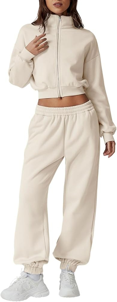 QINSEN Womens 2 Piece Oufits Full Zip Jacket Long Sleeve Sweatsuits Fleece Lounge Tracksuit with ... | Amazon (US)