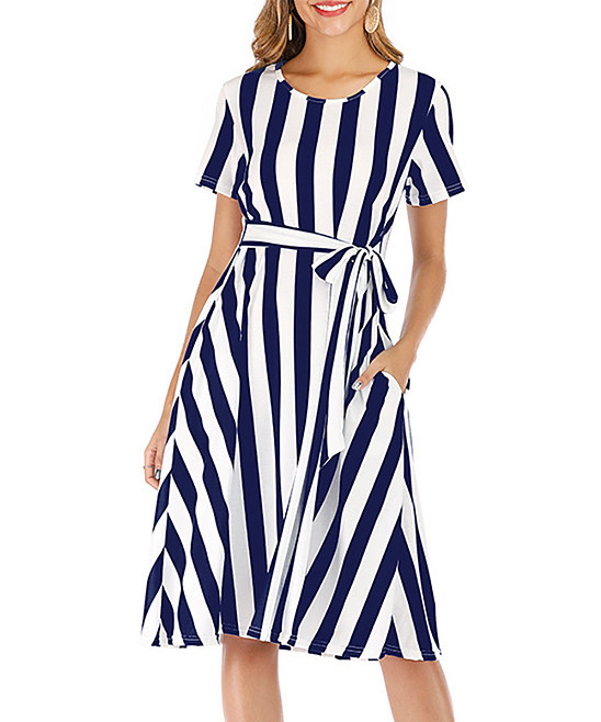 Danqi Women's Casual Dresses Navy - Navy Blue Stripe Tie-Waist Midi Dress - Women | Zulily
