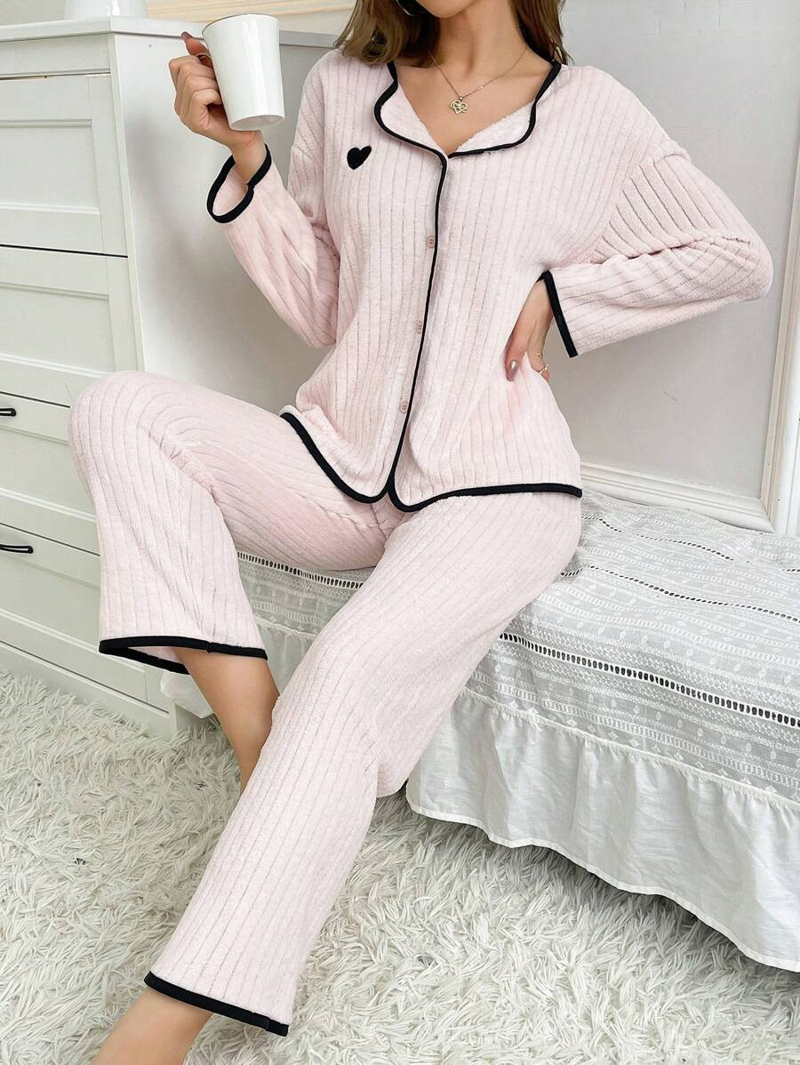 Contrast Binding Drop Shoulder Top & Pants Lounge Set Cozy Outfit, Fall Winter Clothes, Fluffy Pa... | SHEIN