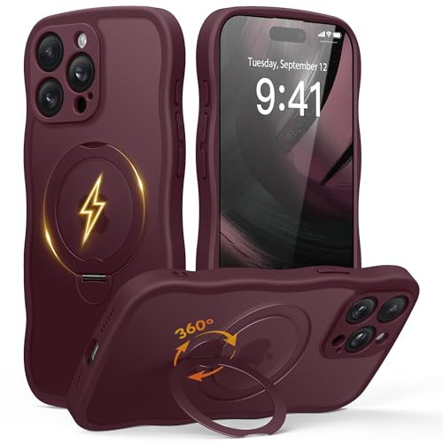 GolbinBox for iPhone 15 Pro Max Case,[Compatible with Magsafe][360°Magnetic Stand][Cute Wave Edge][18ft Military-Grade Protection] Translucent Matte Women Phone Cover for iPhone 15 Promax,Burgundy | Amazon (US)