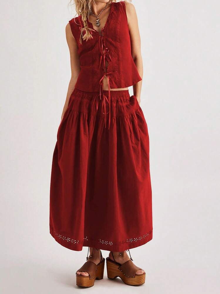 Womens Two Piece Boho Skirt Set Summer Sets Tie Up Front Tank Top Flowy Maxi Skirt Beach Vacation Outfits | SHEIN