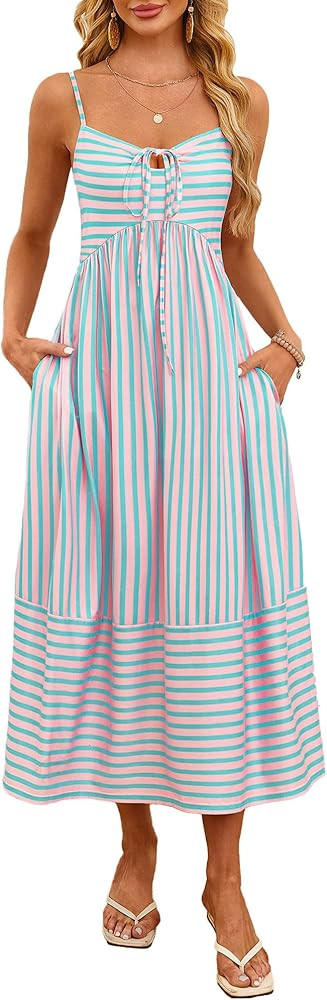 Fashionme Womens Summer Maxi Dresses 2026 Trendy Striped Vacation Boho Beach Spaghetti Strap Sund... | Amazon (US)