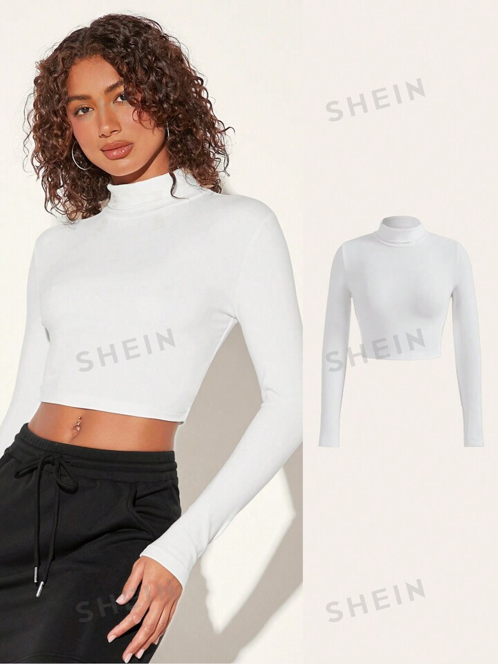 SHEIN BASICS Solid High Neck Crop Tee | SHEIN
