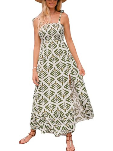 CUPSHE Women's Maxi Dress Casual Smocked Straps Tropical Ruffled Slit A Line Long Beach Summer Dress Green Tropical, L | Amazon (US)