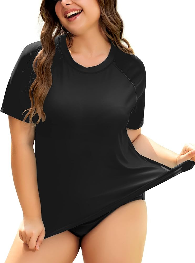 COOTRY Womens Plus Size Rash Guard Short Sleeve Swim Shirt UPF 50+ Sun Protection Swimsuit Top | Amazon (US)
