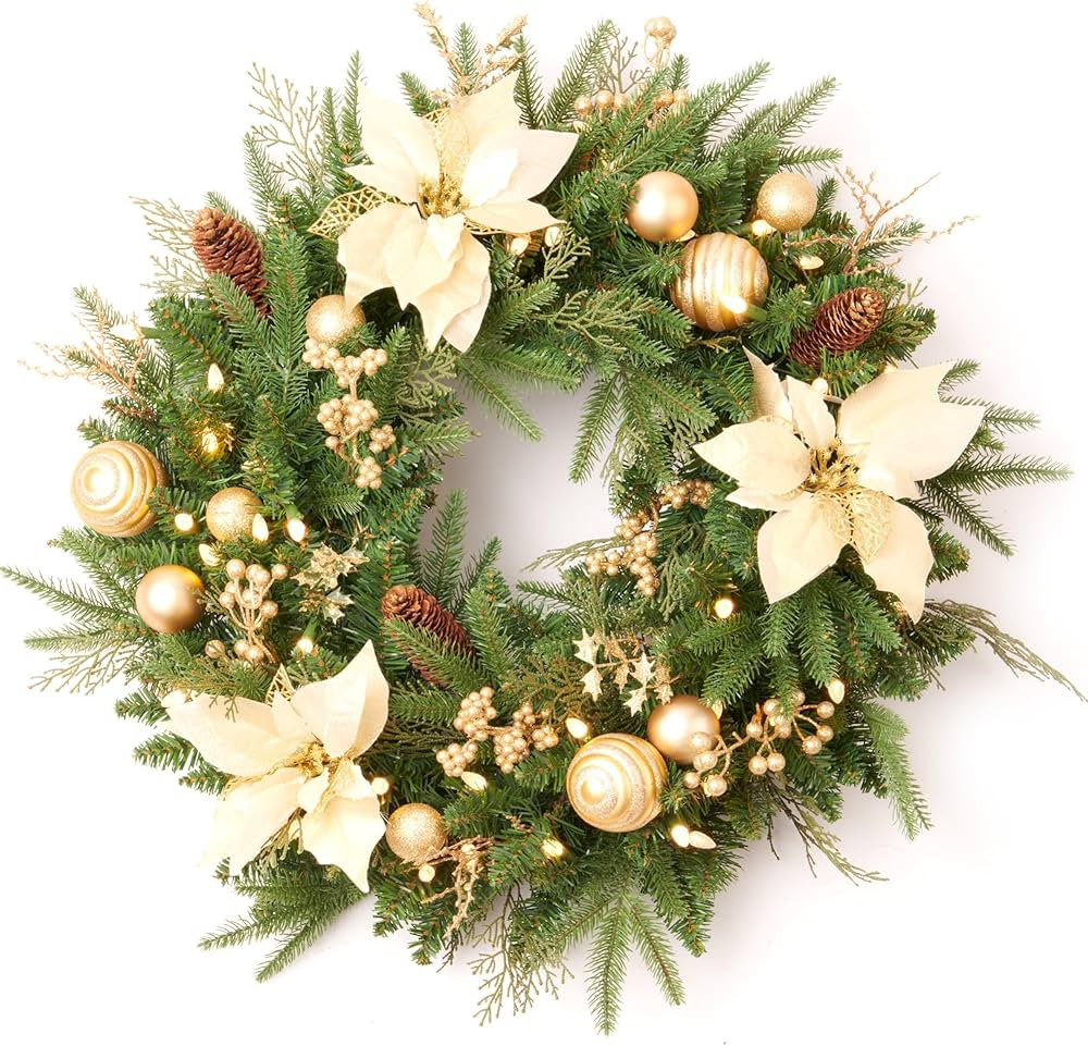 Pre-lit Christmas Wreath with Pine Cones Gold Balls,Gold Berries and Gold Flowers,24 Inch 50 Batt... | Amazon (US)