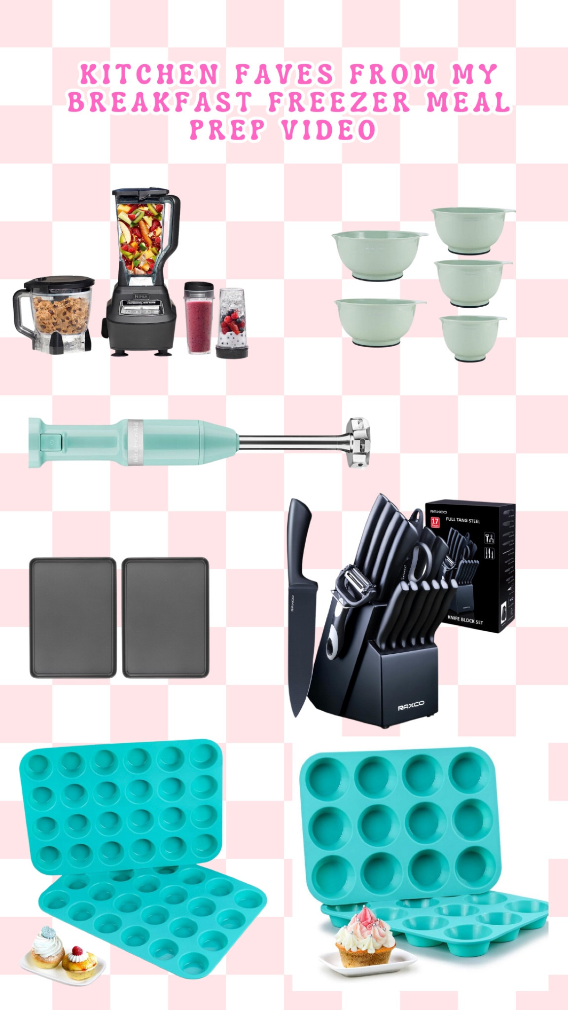 Kitchen faves from my breakfast freezer meal prep video 
🔥 blender - I’ve had this bad boy for EIGHT years, all the parts look good as new and I use it multiple times a week! 
🔥 non slip mixing bowls - I’ve had these for 3 years and I LOVE THEM. super sturdy, 3 sizes, and the non slip bottom is so helpful. 
🔥 immersion blender- sometimes I want to blend things right in the pot or bowl without having to transfer or dirty up the blender! I love it 🫶🏼 
🔥 XL baking sheets - great for everything from cookies, to large sheet pan meals, and I love using them under my silicone baking molds! 
🔥 this knife set is sooo sharp, and affordable! I’ve been using them for a year and a half now and still love them! 
🔥 mini silicone baking cups - great for little hands and freezer things since they defrost so quick! I also love these for chocolate covered treats! 
🔥 silicone baking cup mold- all around 5 ⭐️ I just toss them in the dishwasher after I use them and they clean up so well 

Not in photo but I used in the video:
🔥 nonstick griddle- this one is BEAUTIFUL.. literally and made so well. Truly non stick, I love! 
🔥 instant read meat thermometer- if you’ve ever had to wait on a meat thermometer… you’ll understand why instant is a must have! This one is fast, and very affordable  

#LTKhome #LTKfamily #LTKGiftGuide