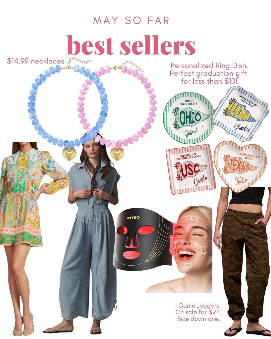 May Best Sellers

Beaded necklace with heart charm 
Spring dress
Summer dress
Red light therapy 
Ring dish
Graduation gift
Camouflage pants 
Camo joggers

#LTKootd