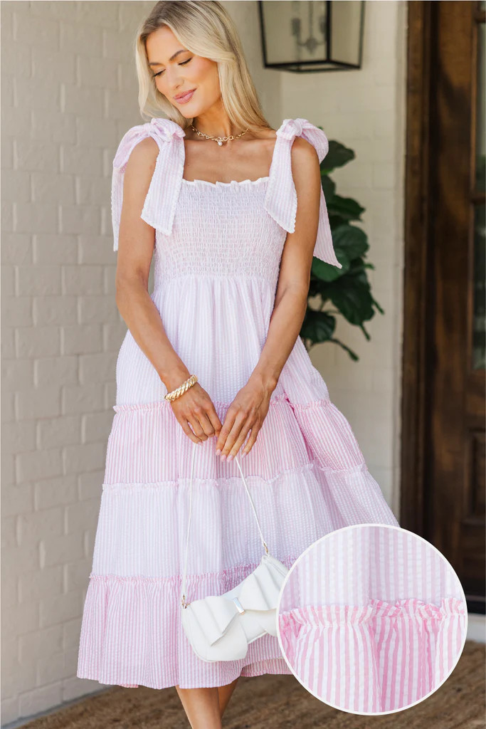 On Top Of The World Pink Seersucker Midi Dress | The Mint Julep Boutique