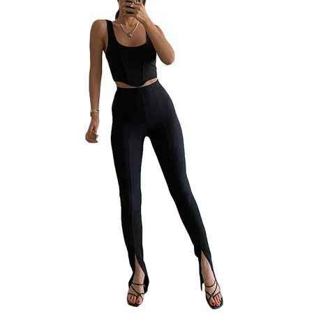 Listenwind Women 2Pcs Fashion Solid Rib Knitted Set Tracksuit Yoga Sport Outfit Suit Vest Crop Top+High Waist Split Leggings Pants | Walmart (US)