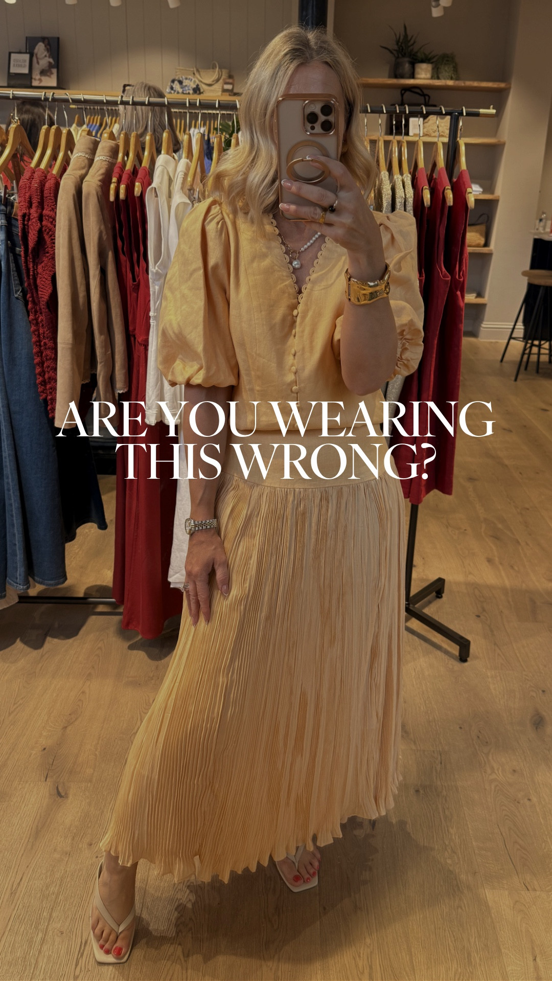 This is a great example of how a lot of women try this on in the changing room… and instantly think it doesn’t work. 
But it’s not the set it’s how it’s being worn. 
This is a two piece and the waistband is meant to be seen. Pulling the top down over the skirt removes all shape and turns the outfit into one block. 
By tucking up the top, you create that difference in proportion which helps to balance the body and elongate the torso. 
Even if you carry weight around your middle, this creates far more shape than covering everything up. 
It’s all about that balance. 
Because more often than not… it’s not the outfit, it’s how it’s styled.

#LTKuk #LTKstyletip #LTKover50style
