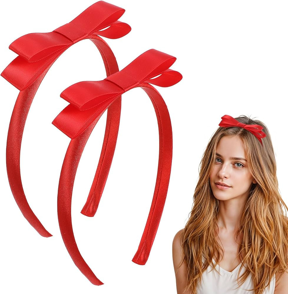 2 Pcs Red Bow Headband for Women Cute Bowknot Headbands Bow Knotted Hair Hoop for Birthday Christ... | Amazon (US)