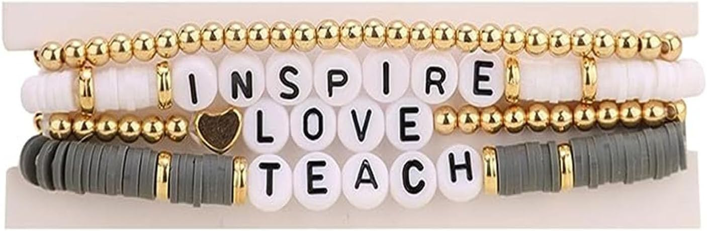 Handmade Teacher Appreciation Stackable Bracelets Colorful Solf Clay Love Teach Inspire Letter Be... | Amazon (US)