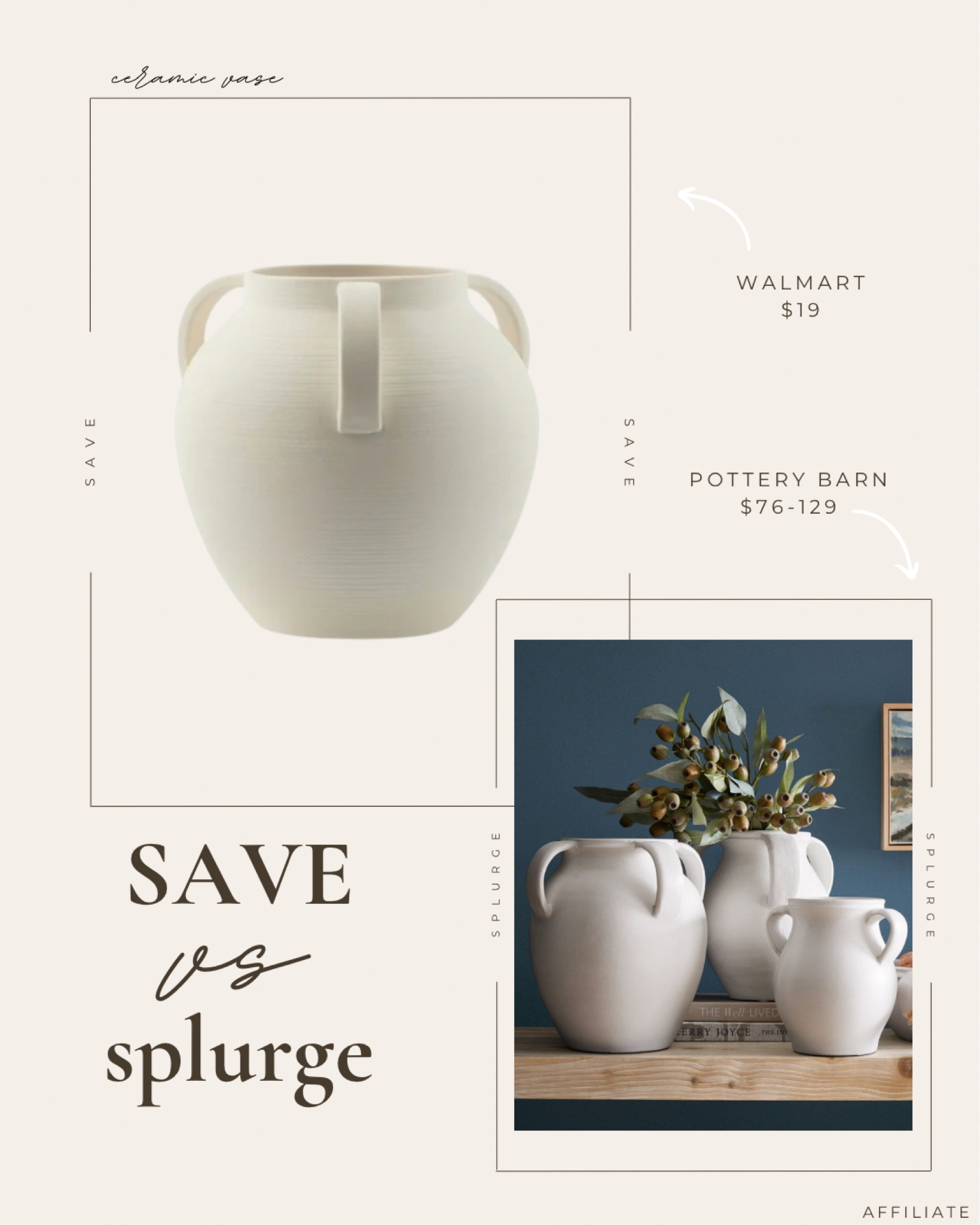 Save or splurge?! Designer look for less home decor 

NEW White handled ceramic vase at Walmart, Pottery Barn Joshua vase 

#LTKHome