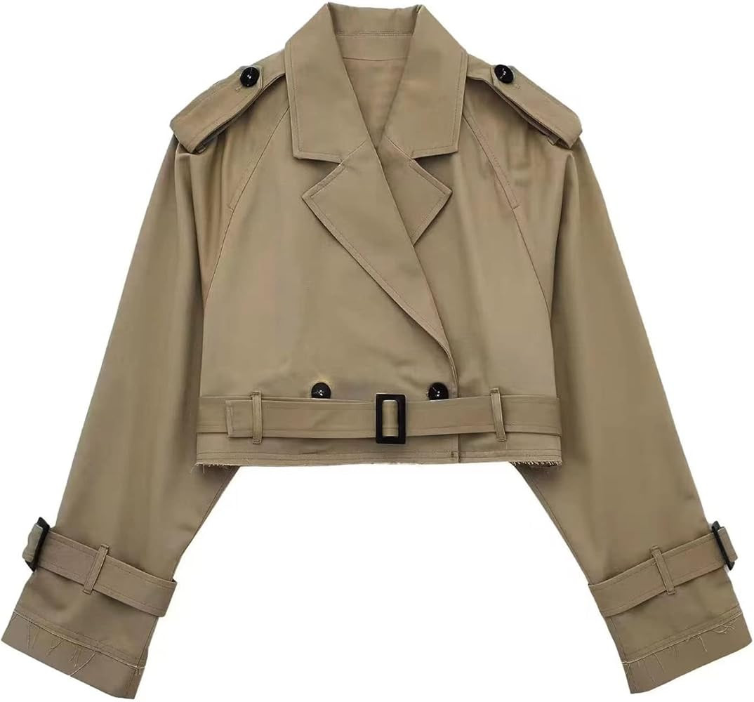 Perbai Womens Cropped Trench Coat Lightweight Lapel Double Breasted Belted Office Work Peacoat | Amazon (US)