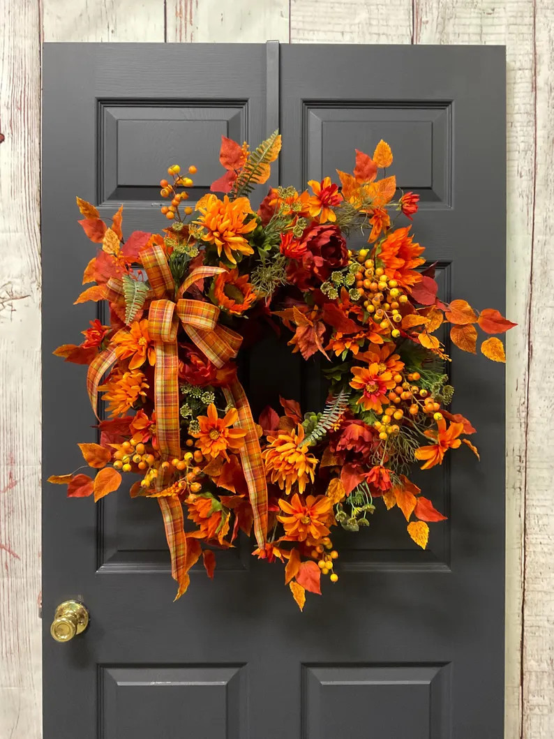 Large Fall Wreath for Front Door,  Orange Autumn Wreath with Plaid Bow,  Farmhouse Harvest Wreath... | Etsy (Global)