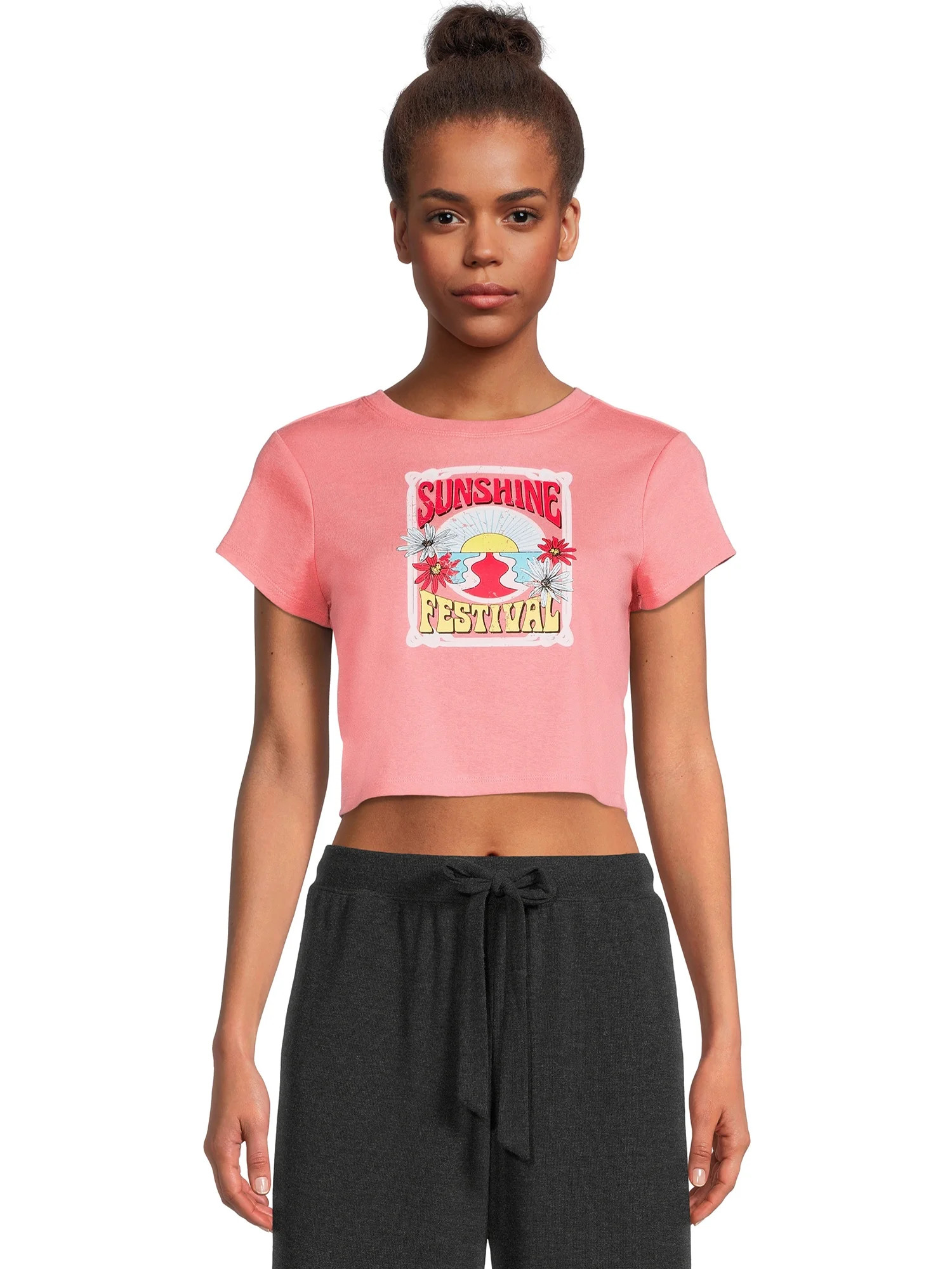 Celebrity Pink Juniors and Juniors Plus Graphic Cropped Sleep Tee with Short Sleeves, Sizes XS-3X | Walmart (US)