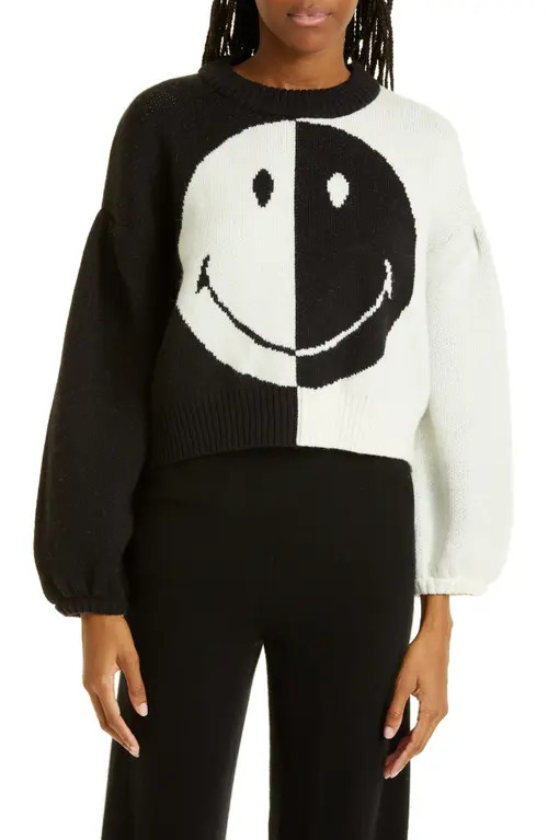 FARM Rio Smiley Icon Balloon Sleeve Sweater in Black at Nordstrom, Size Large | Nordstrom