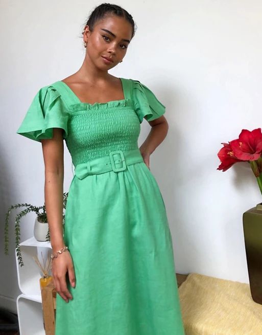 & Other Stories linen square neck belted midi dress in green | ASOS (Global)