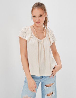 AE Eyelet Flutter-Sleeve Tee | American Eagle Outfitters (US & CA)