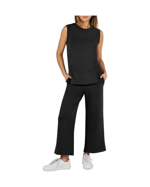 Womens 2 Piece Outfits Lounge Set Summer Casual Sleeveless Tops Baggy Wide Leg Sweatpants with Po... | Amazon (US)