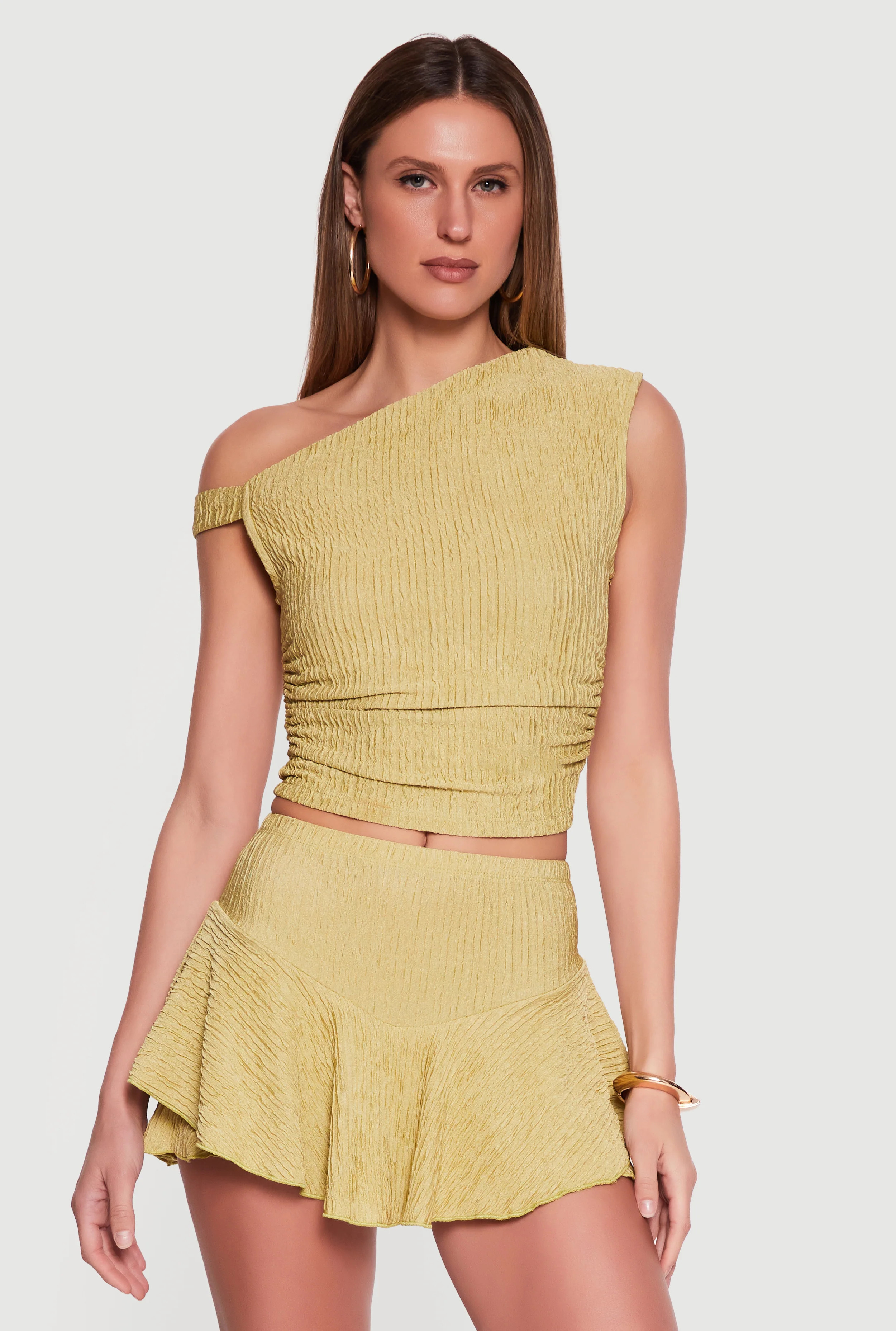 One Shoulder Side Ruched Textured Knit Crop Top | Rainbow Shops