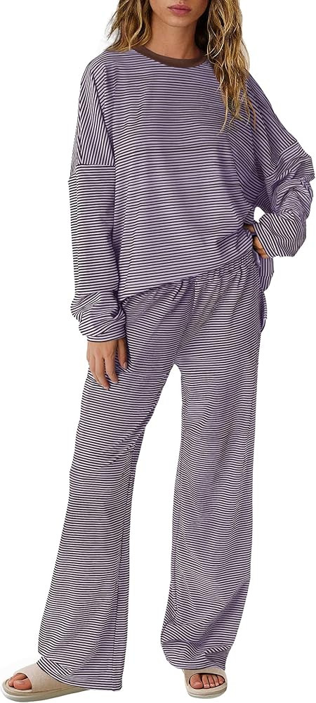 Yanekop Womens Striped Lounge Set Long Sleeve Matching Sets Oversized Pajama Sets Striped Shirt W... | Amazon (US)
