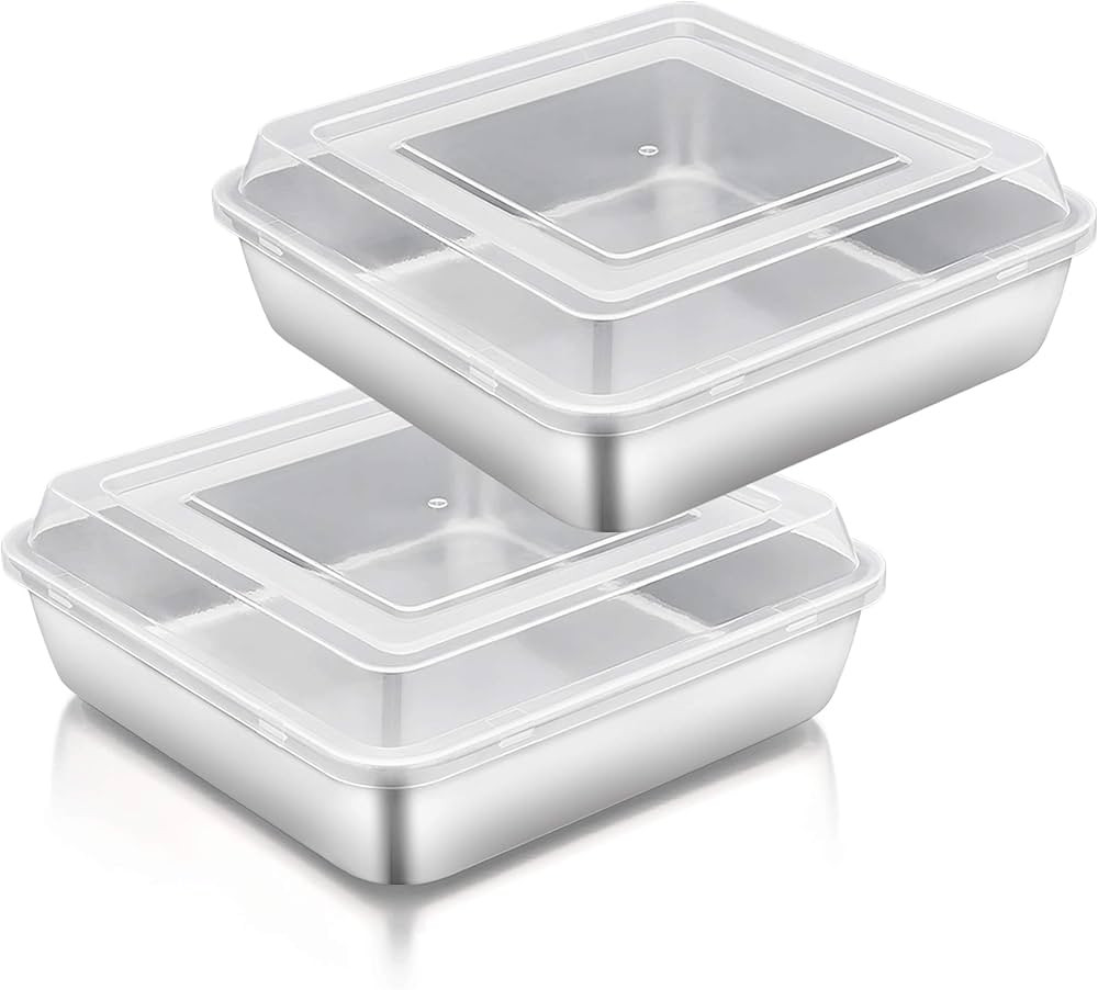 TeamFar Square Cake Pan with Lid(2 Pans & 2 Lids), 8 Inch Stainless Steel Square Baking Pan Cake ... | Amazon (US)